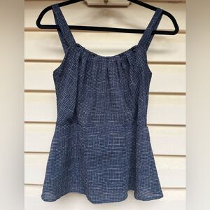 Cabi blue/white tiny squares 2-piece pant suit. Top-straps, flared below waist,S